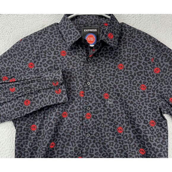 Detroit Pistons Shirt Mens Medium 15-15.5 Black Dress Slim Button Up Express NEW - Picture 1 of 11